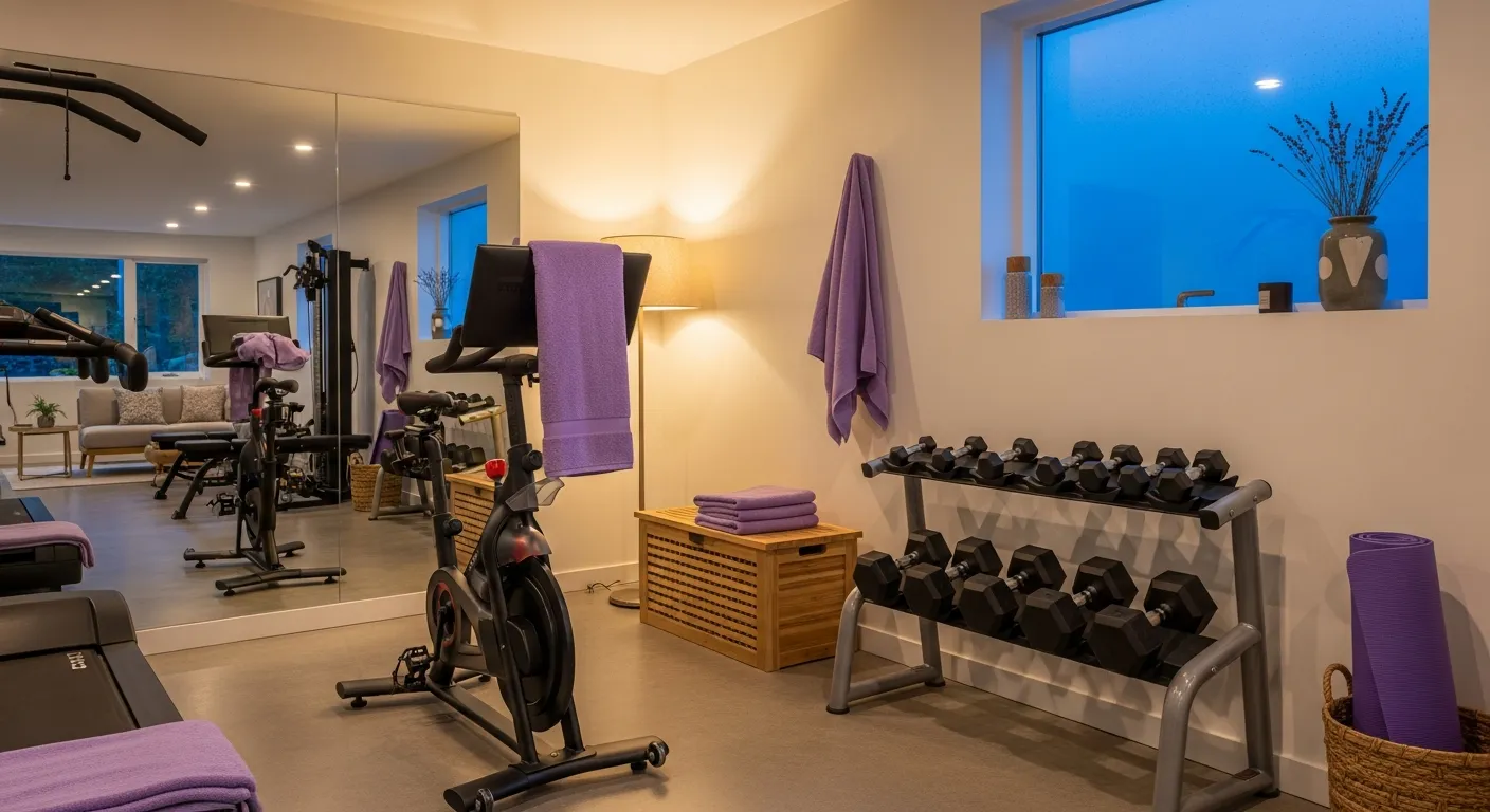 Beautiful minimalist workout sanctuary with soft lavender walls to inspire daily exercise