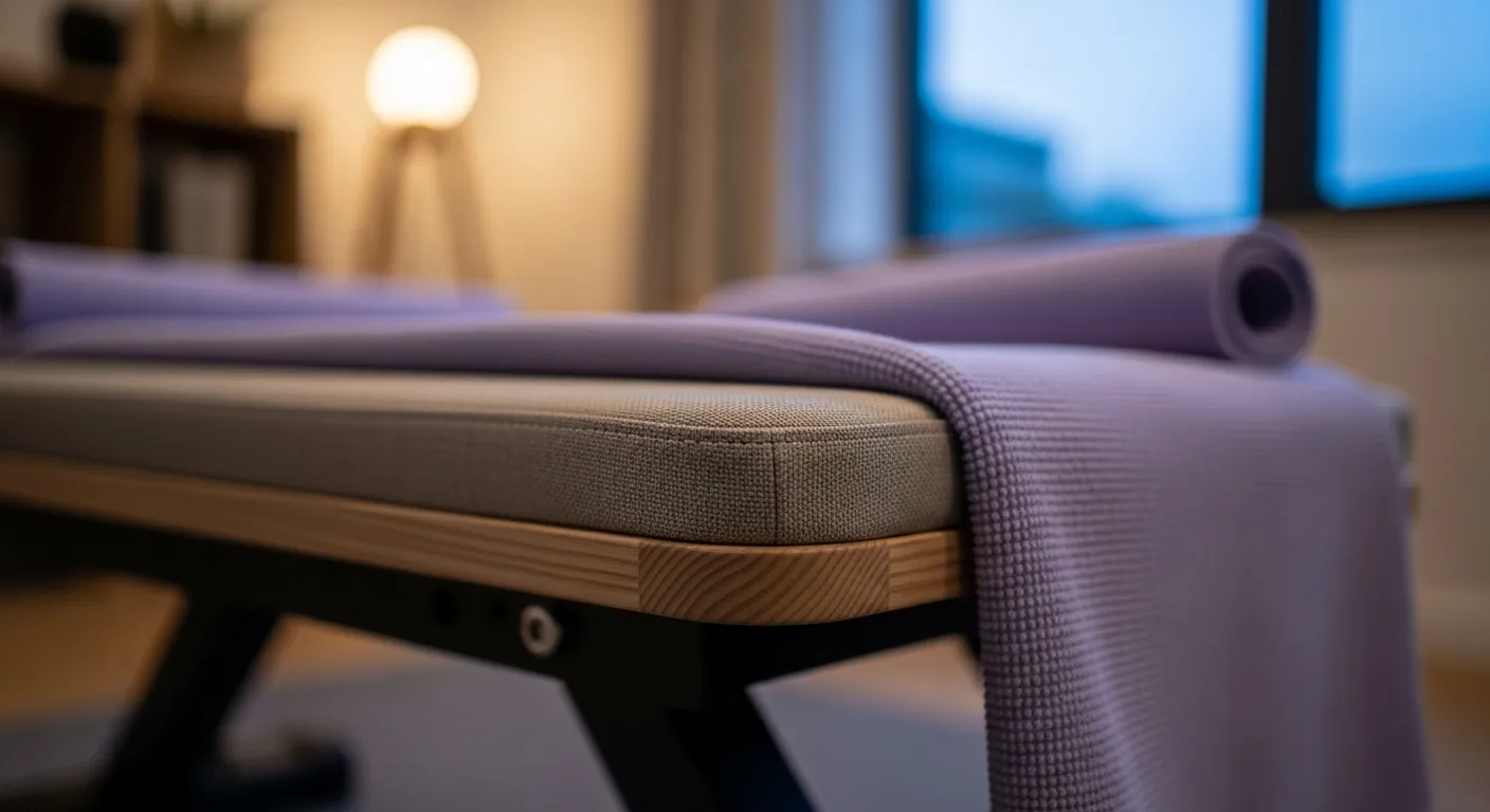 Clean lavender workout space with highly functional minimalist exercise gear