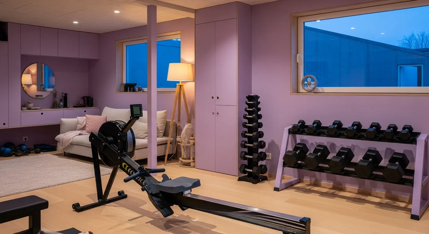 Serene lavender workout room featuring minimalist design and sleek equipment