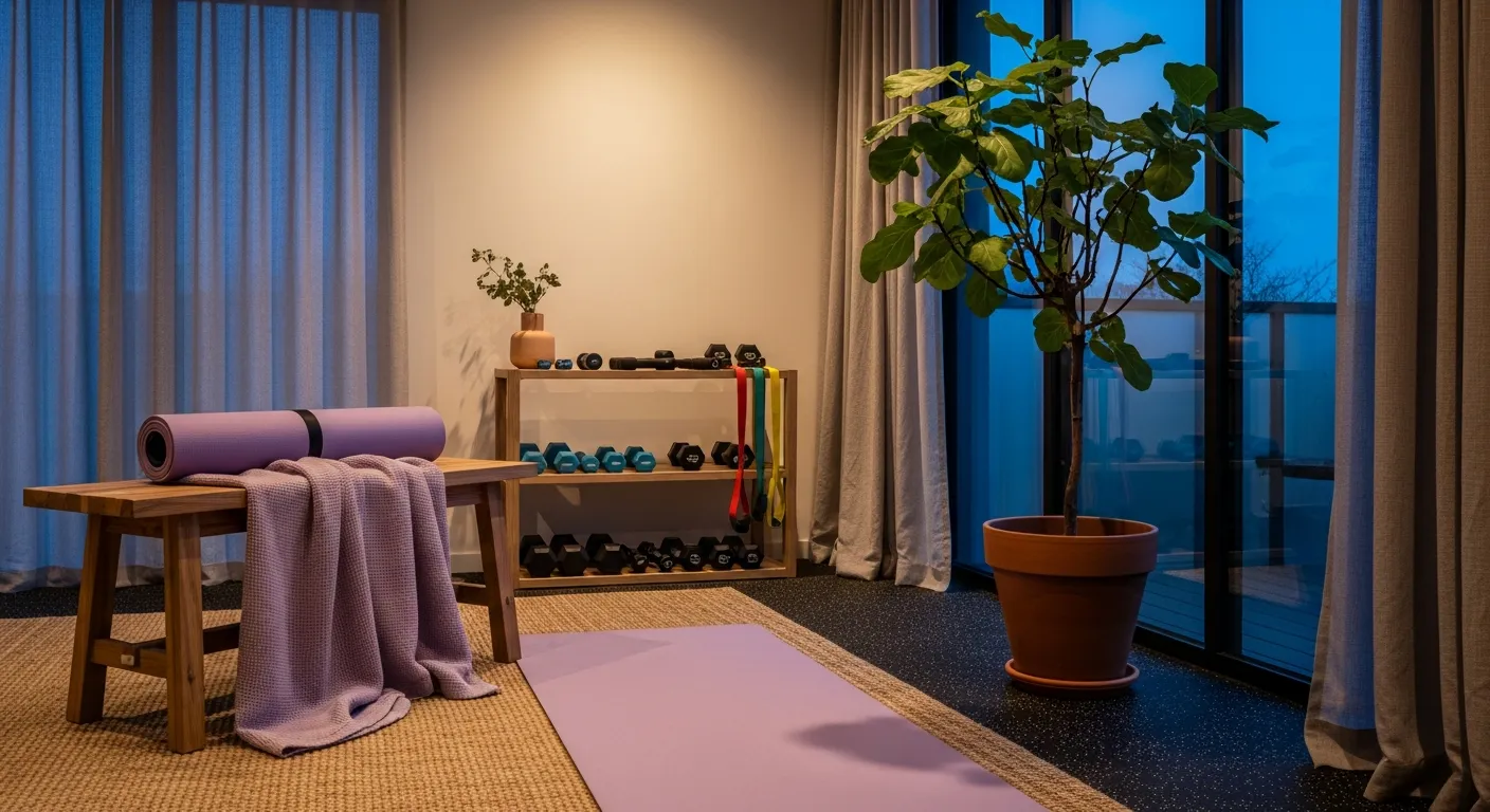 Modern everyday gym styling highlighting soft lavender tones and abundant natural light