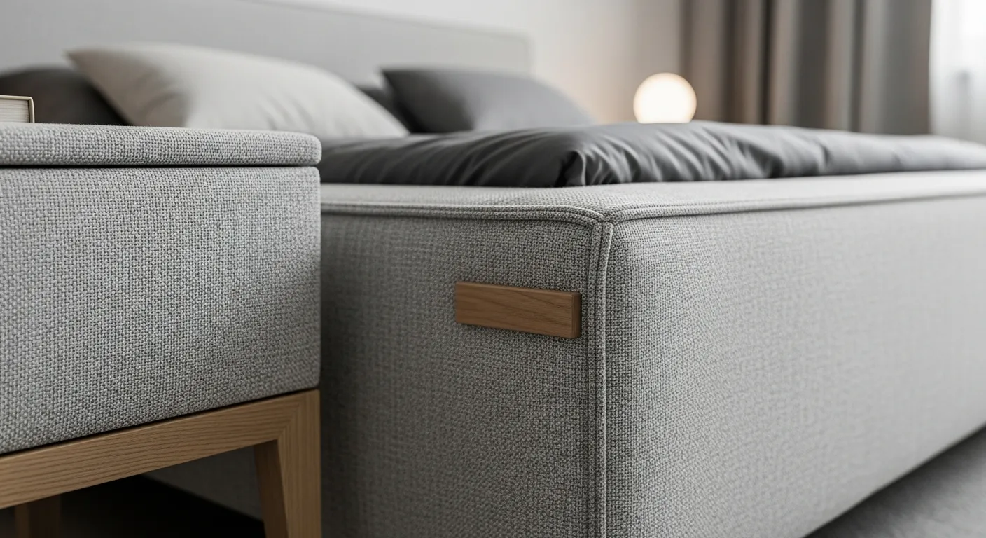 Essential low-profile minimalist furniture in a cozy light gray bedroom setting