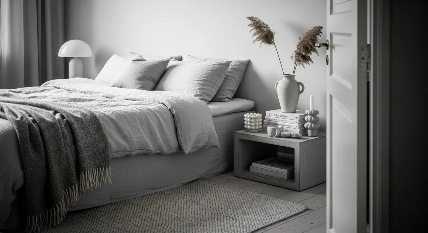 Beautiful color combinations in a light gray minimalist bedroom showcasing subtle layering