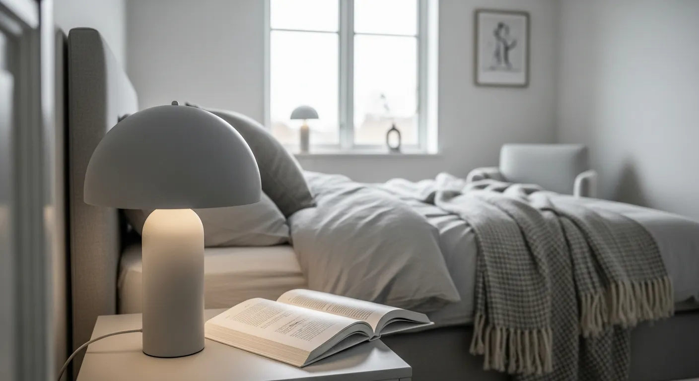 Step-by-step recreation of a minimalist bedroom featuring light gray walls and sleek bedding