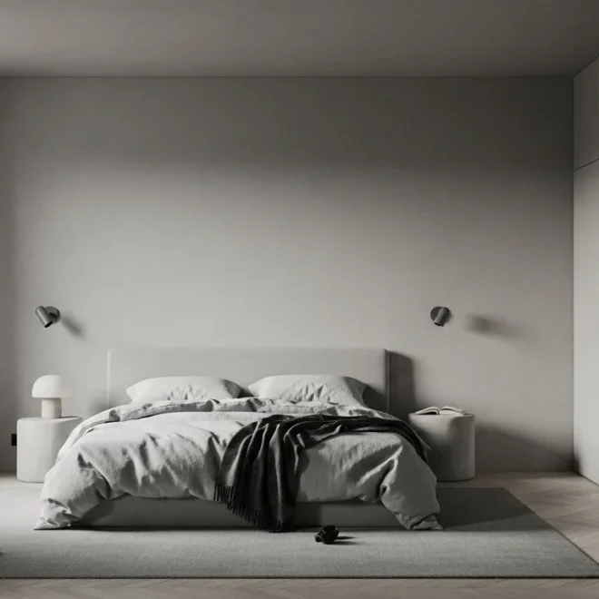 Minimalist bedroom featuring a serene light gray color palette with crisp clean bedding.