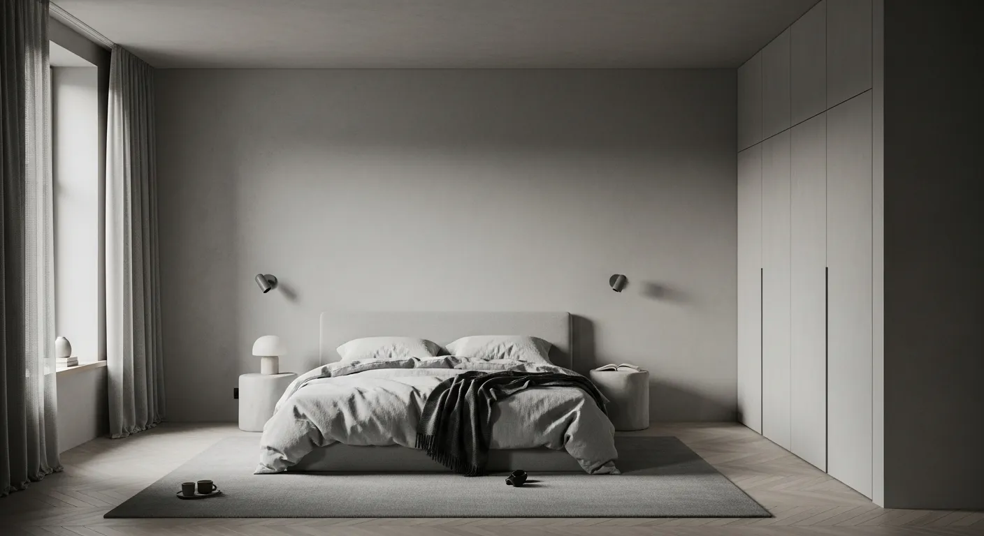 Minimalist light gray bedroom interior featuring soft tones to promote psychological calm and relaxation