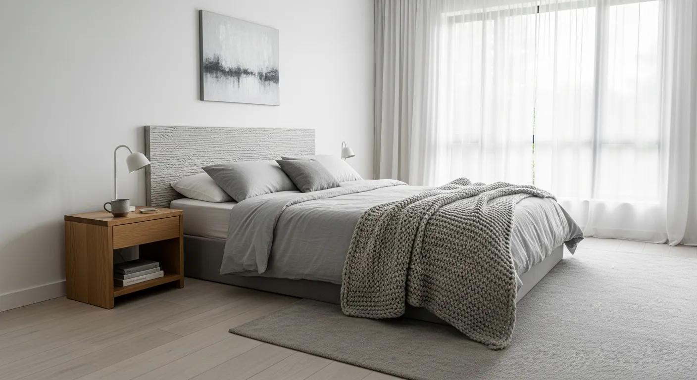 Budget-friendly minimalist bedroom design with soft lighting and cozy light gray elements
