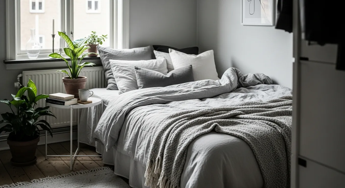 Styling a minimalist light gray bedroom with crisp bedding and natural sunlight