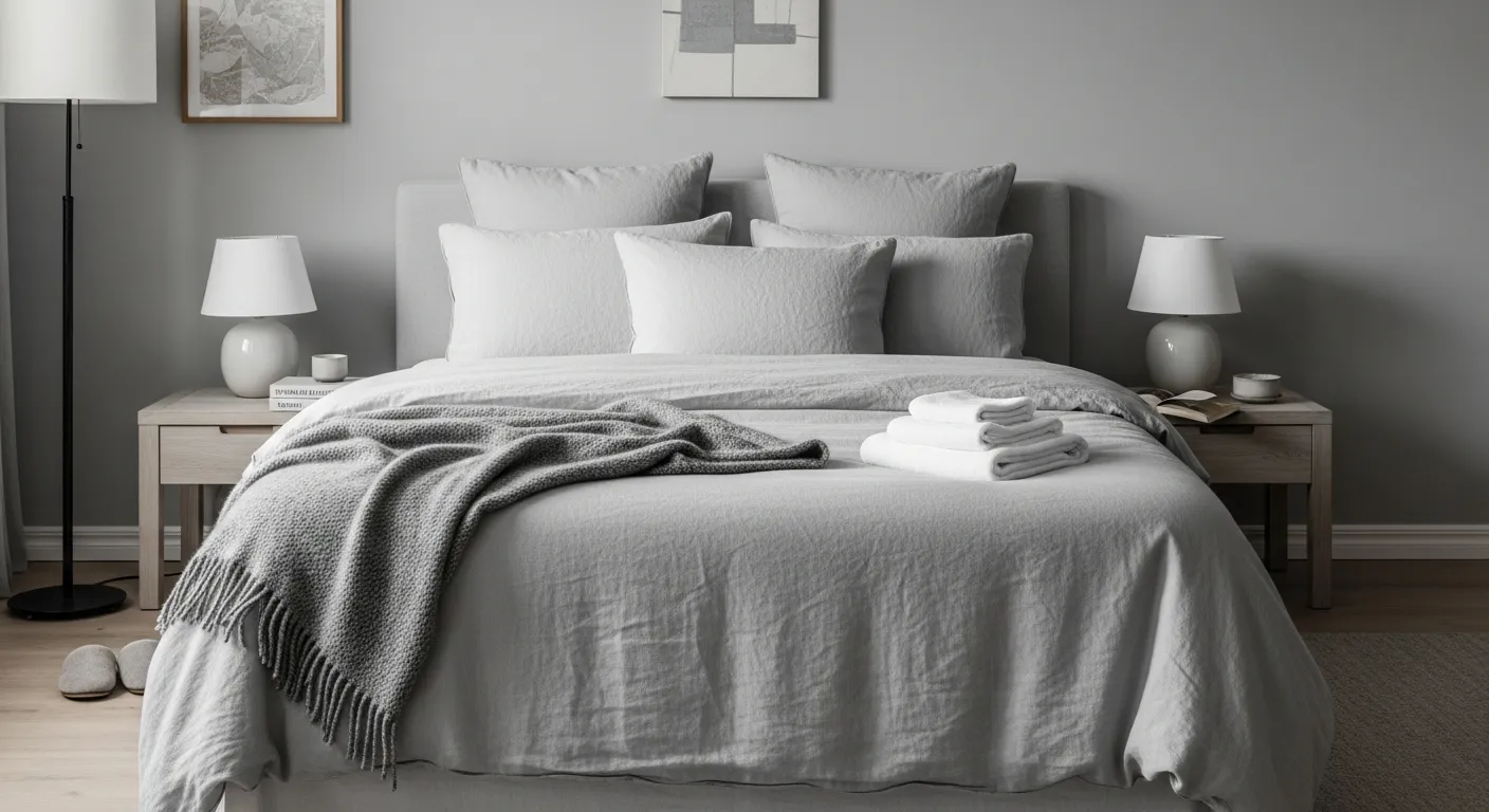 Perfectly executed light gray minimalist bedroom with abundant natural light and clean lines