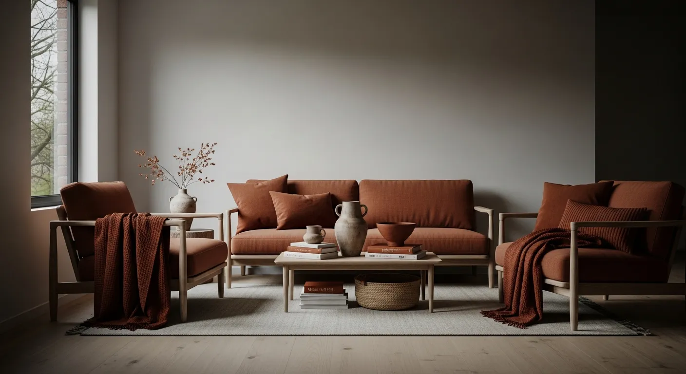 A sleek minimalist living room featuring warm rust color accents, clean modern lines, and abundant natural lighting