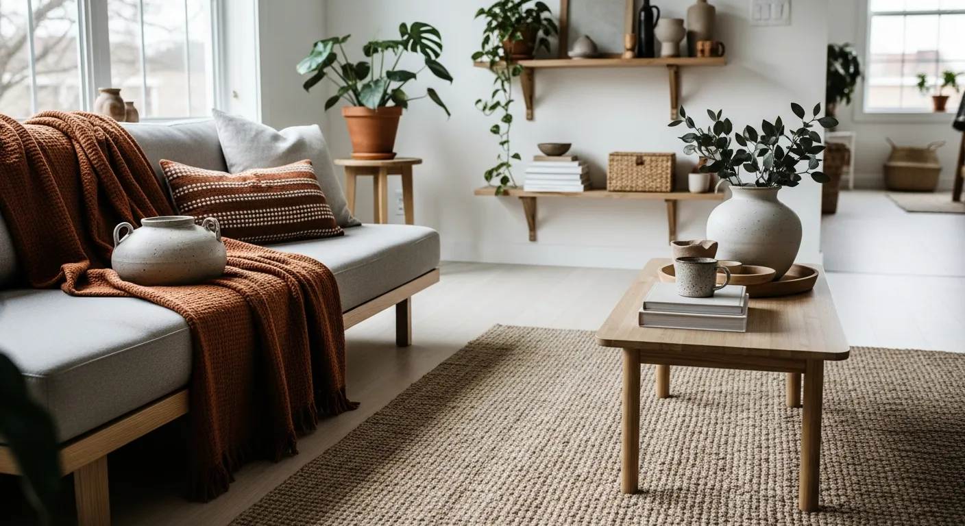 Sleek minimalist living room featuring a warm rust-colored sofa centerpiece and clean architectural lines