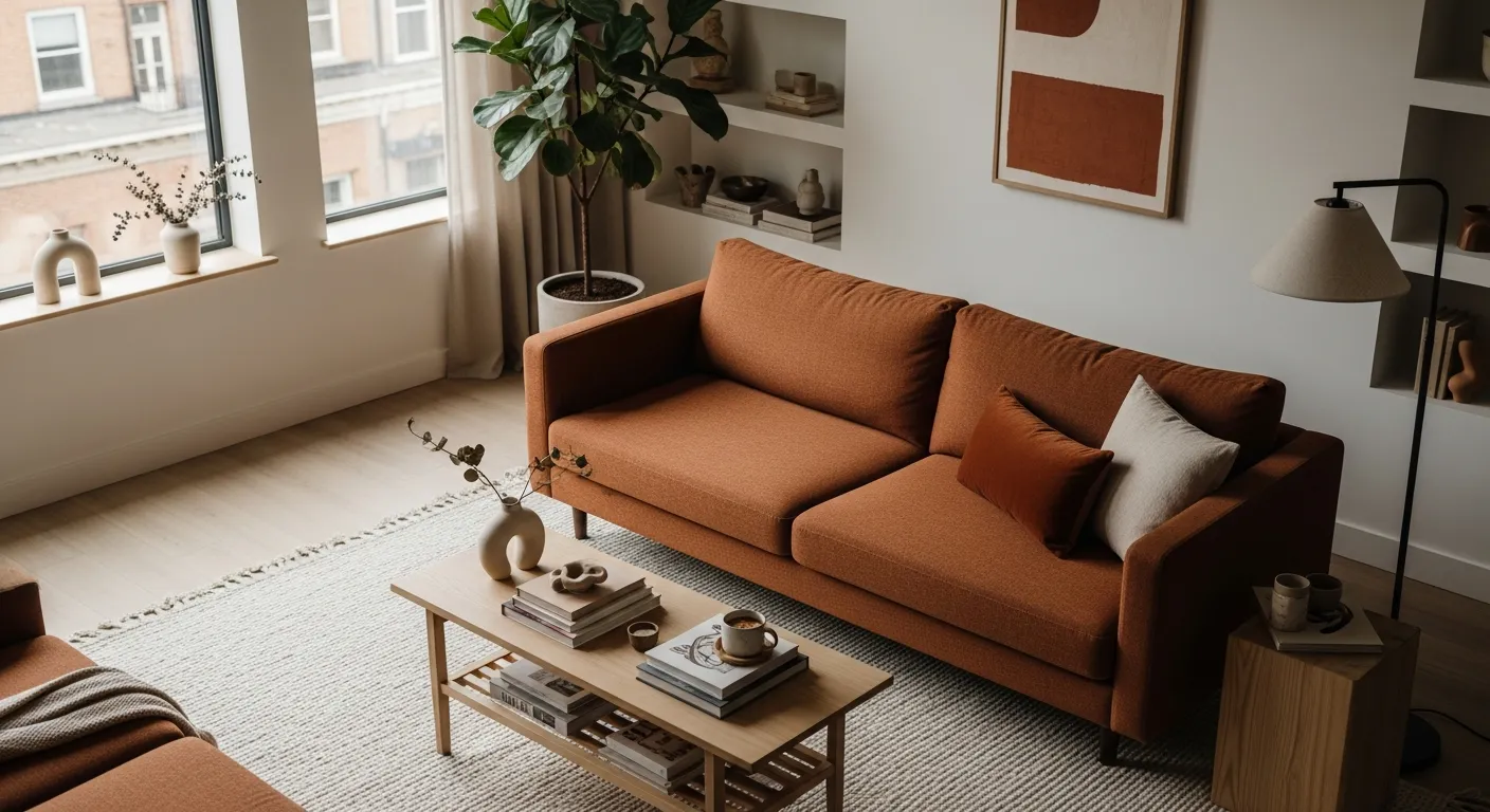 Minimalist living room ideas featuring a cozy rust sofa, clean modern lines, and soft neutral walls