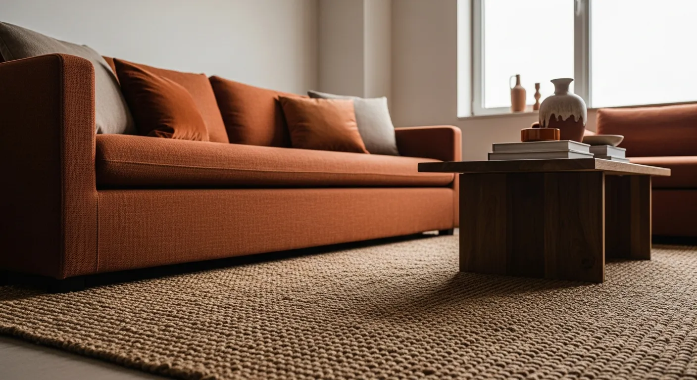 Clean minimalist living room decorated with warm rust accents and sleek modern furniture designs