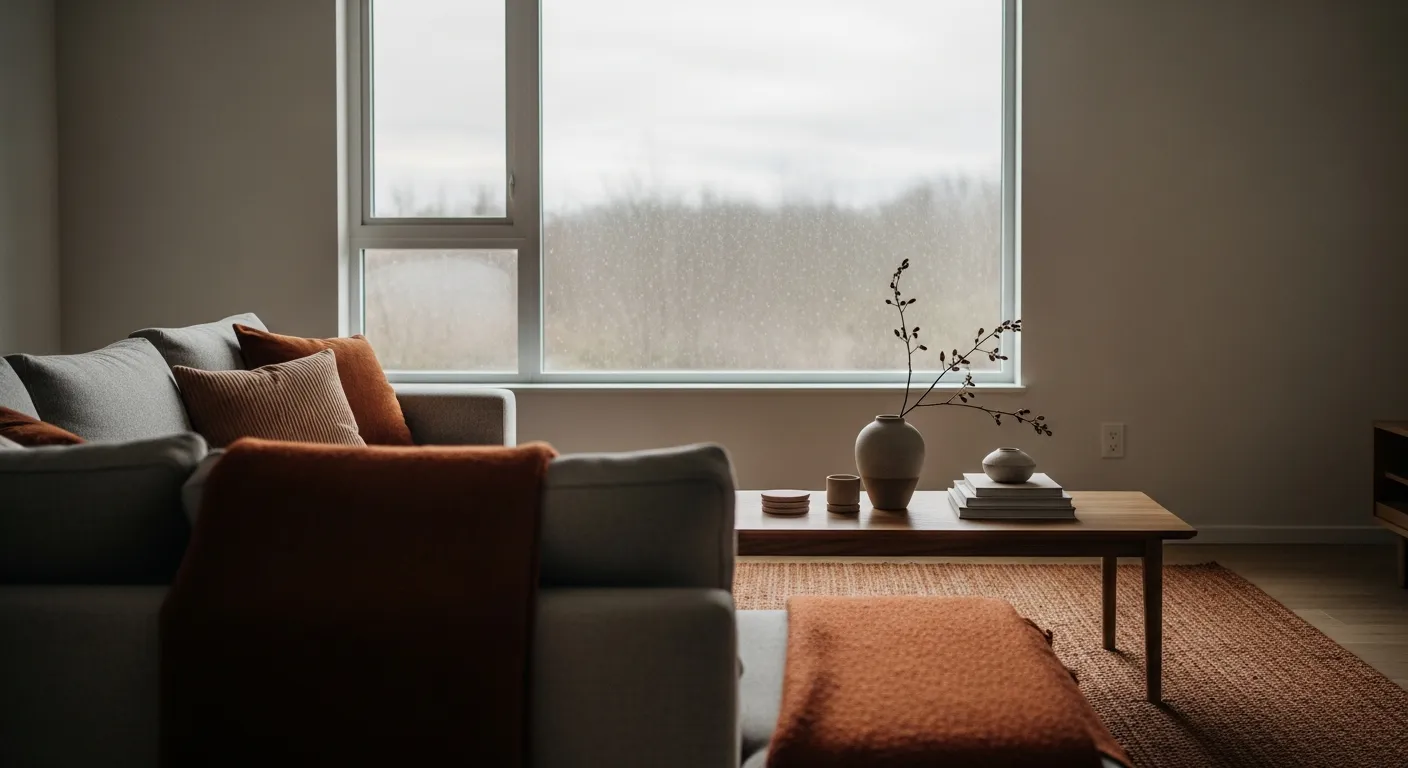 Minimalist living room setup featuring warm rust decor accents, clean interior lines, and bright natural light