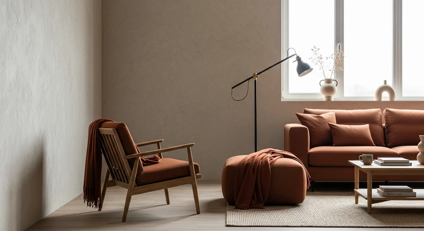 Minimalist living room featuring a cozy rust colored modern sofa and sleek neutral home decor