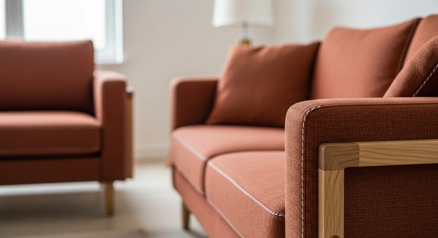 Sleek minimalist living room ideas featuring a warm rust-colored sofa, neutral minimalist furniture, and clean architectural lines