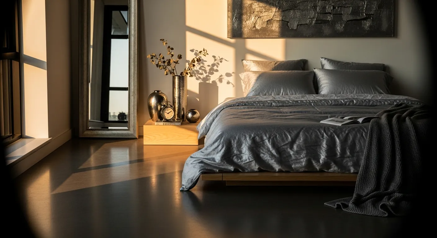 Sleek minimalist silver bedroom featuring contemporary metallic accents and clean, calming lines with white and grey tones