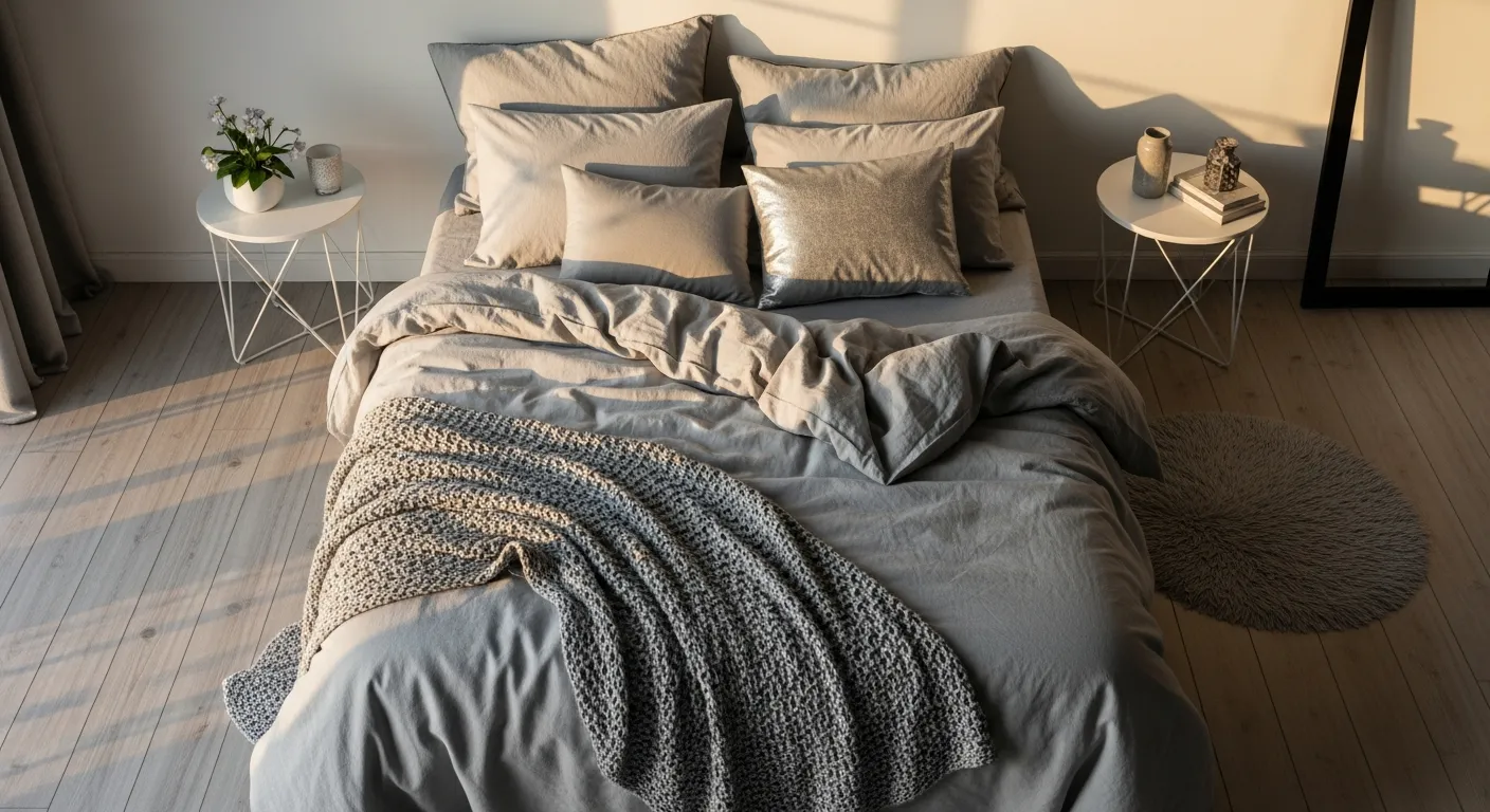 Minimalist bedroom details featuring sleek silver metallic accents, white bedding, and clean modern lines
