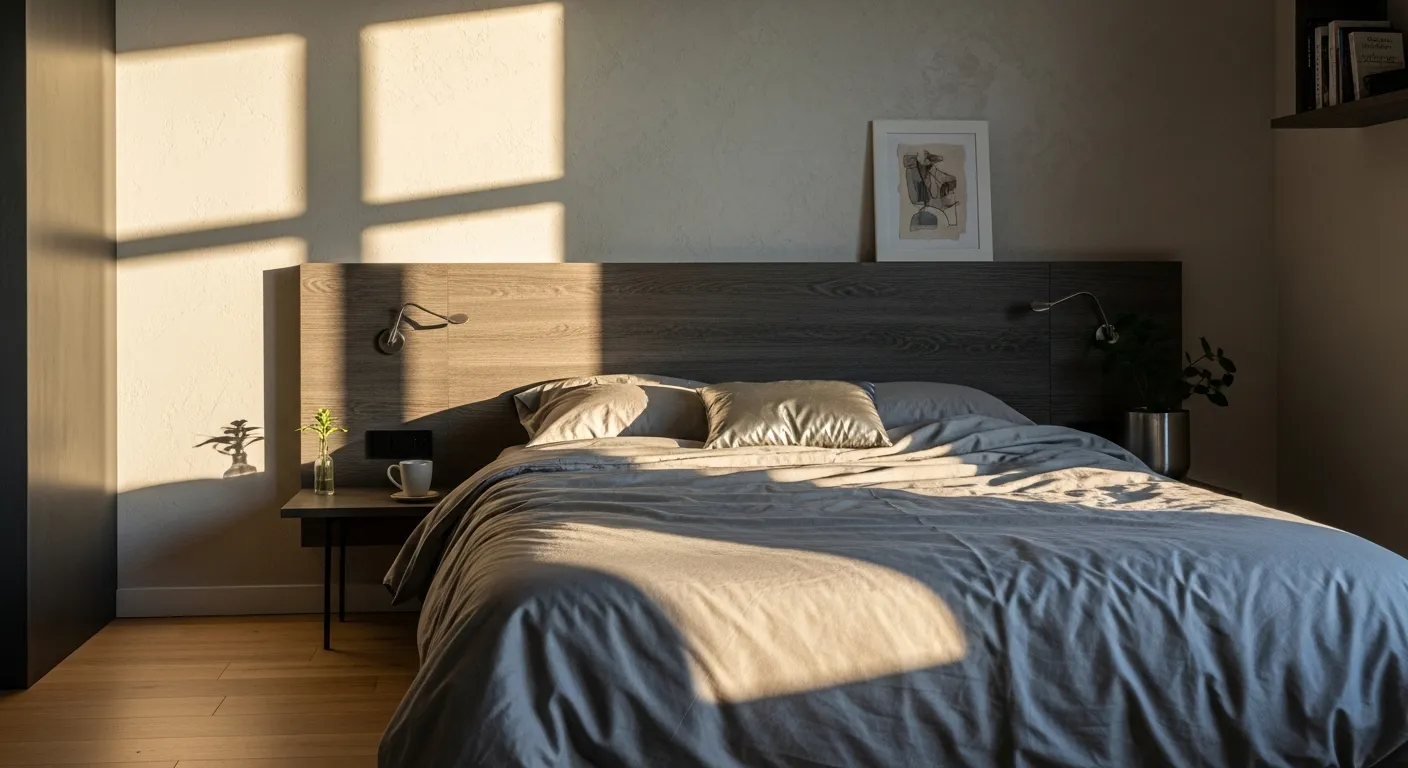Minimalist silver bedroom design featuring a sleek grey headboard, crisp white bedding, and metallic lighting