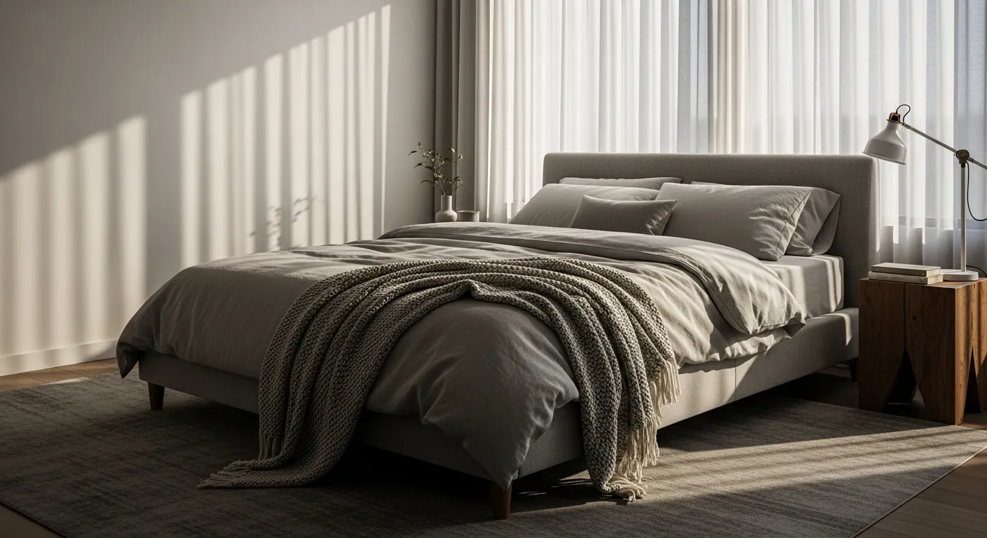 Serene sanctuary featuring minimalist silver bedding, clean lines, and soft natural lighting