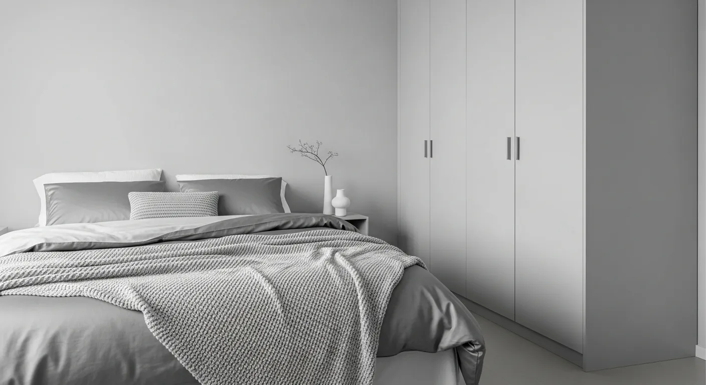 Master bedroom showcasing minimalist silver styling with a low profile bed and crisp gray linens