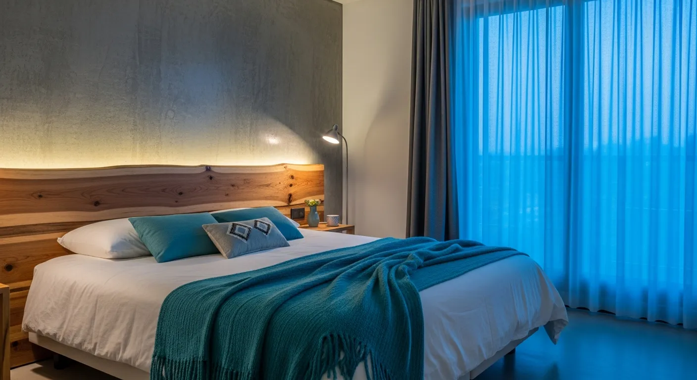 Crisp white linens balancing a calming turquoise minimalist bedroom design