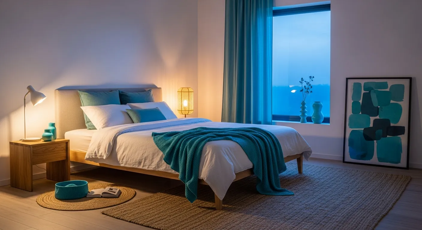 Minimalist bedroom showcasing a turquoise and white color palette with natural wood tones