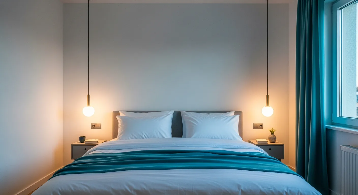 Simple sleeping space transformed by serene turquoise accents and clean lines