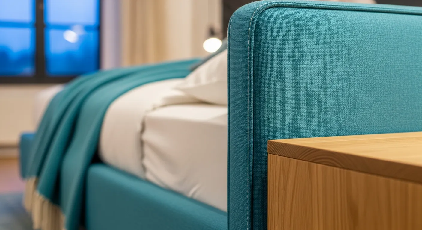 Modern minimalist bedroom furniture with a serene turquoise accent wall