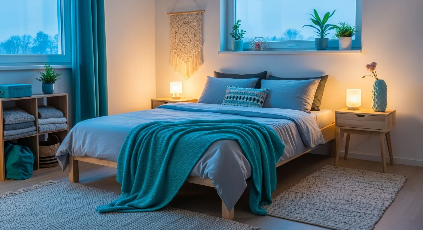 Budget-friendly minimalist bedroom styling featuring a calming turquoise accent wall