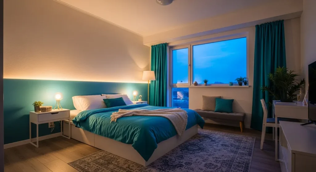 Minimalist bedroom featuring a sleek bed with vibrant turquoise bedding and clean white walls.