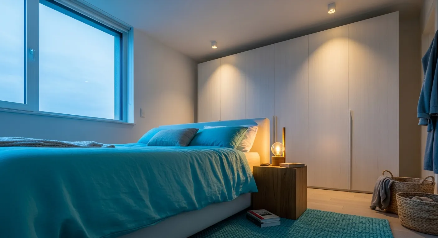 Streamlined minimalist bedroom with light wood furniture and a perfectly balanced turquoise accent