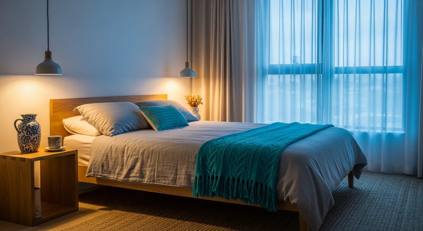 Sleek minimalist bedroom setup featuring modern furniture and a calming turquoise color palette