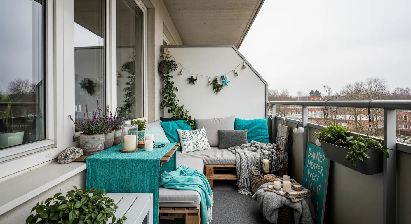 Styling minimalist outdoor balcony ideas with sleek modern lines and bright turquoise decor for New Year's Eve.