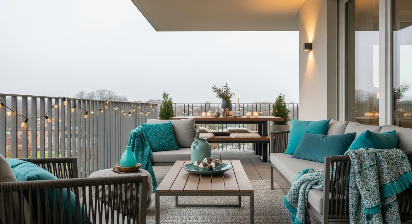 Step-by-step guide to recreating a minimalist outdoor balcony with turquoise accents.