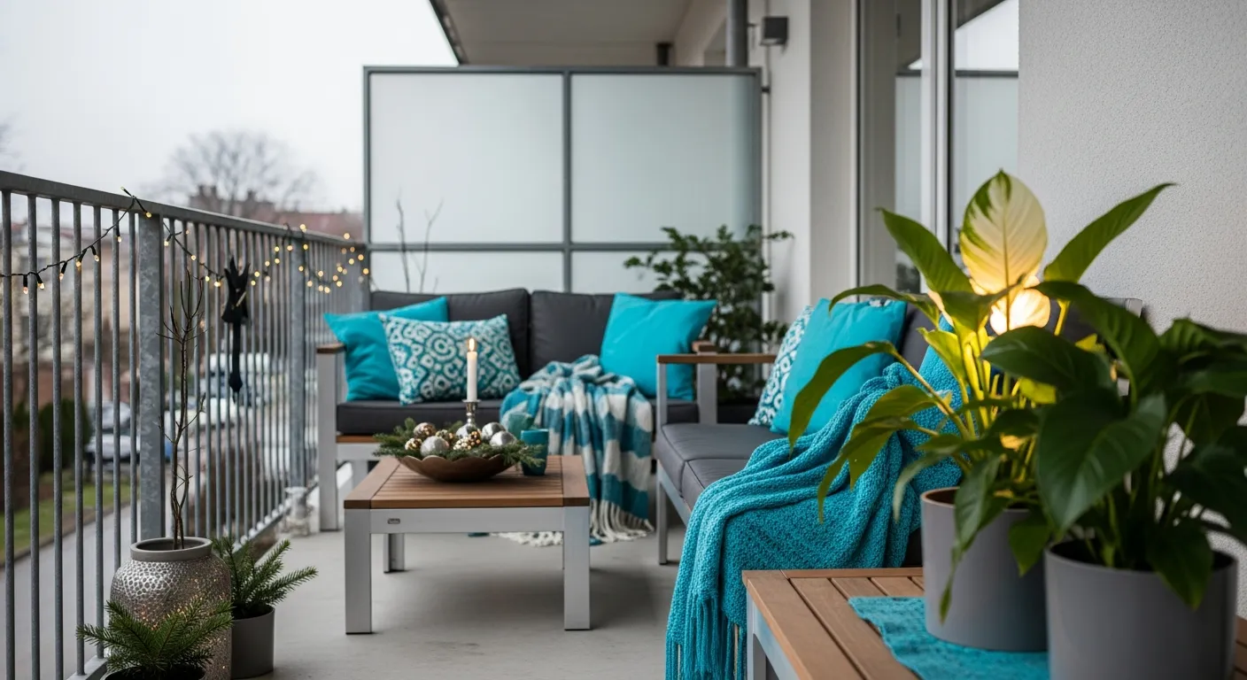 Sleek minimalist furniture and bright turquoise accents on an intimate balcony.