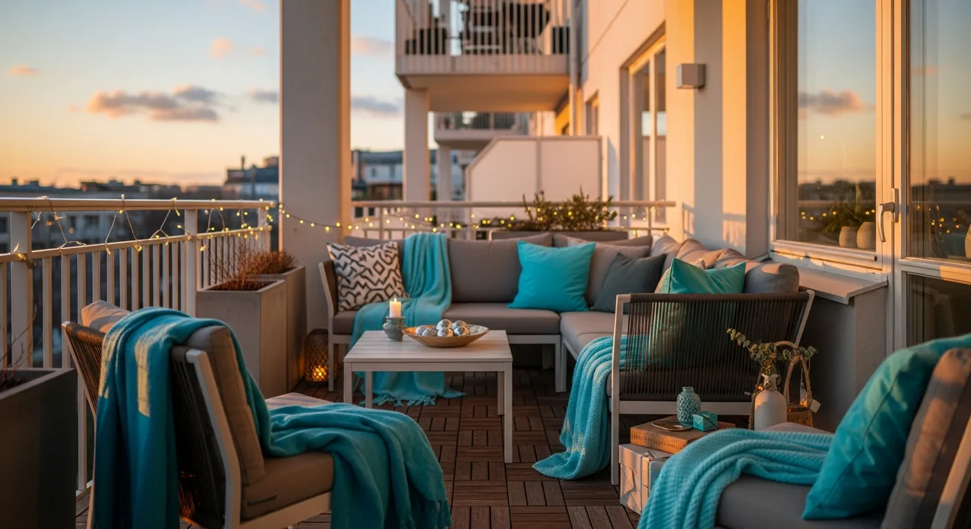 Serene turquoise minimalist balcony perfect for a New Year's Eve celebration.