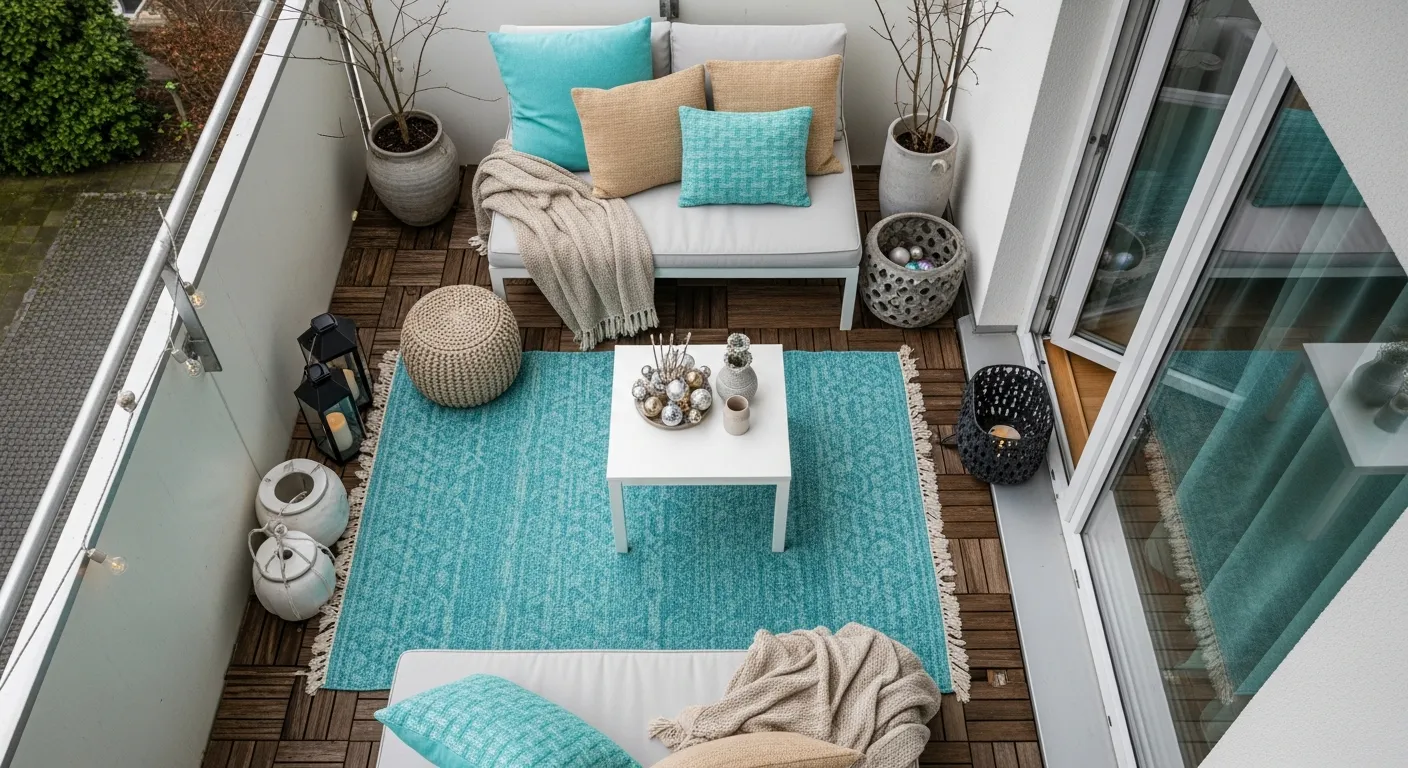 Budget friendly minimalist outdoor balcony design featuring turquoise accessories.