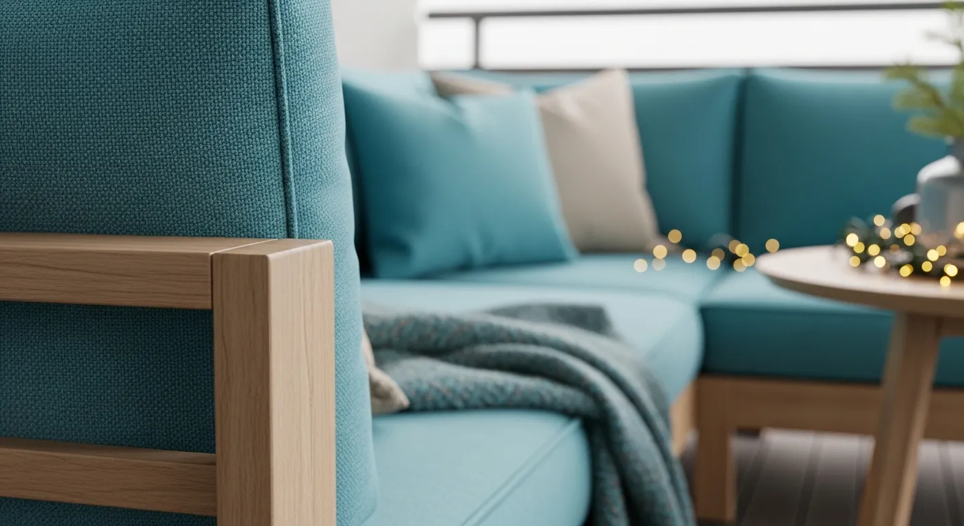 Essential minimalist outdoor balcony furniture with vibrant turquoise seating for a modern retreat