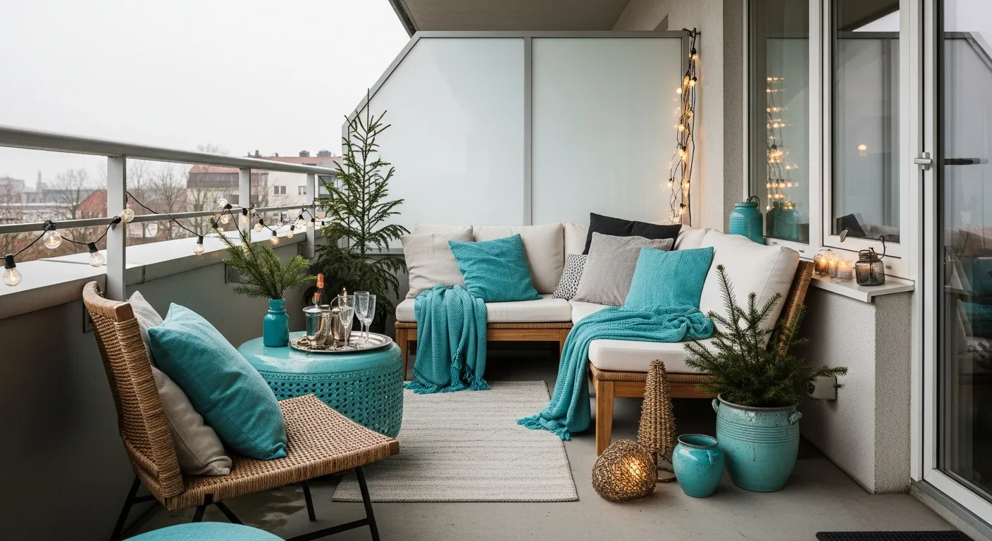 Turquoise and charcoal color palette on a minimalist outdoor balcony with clean lines.