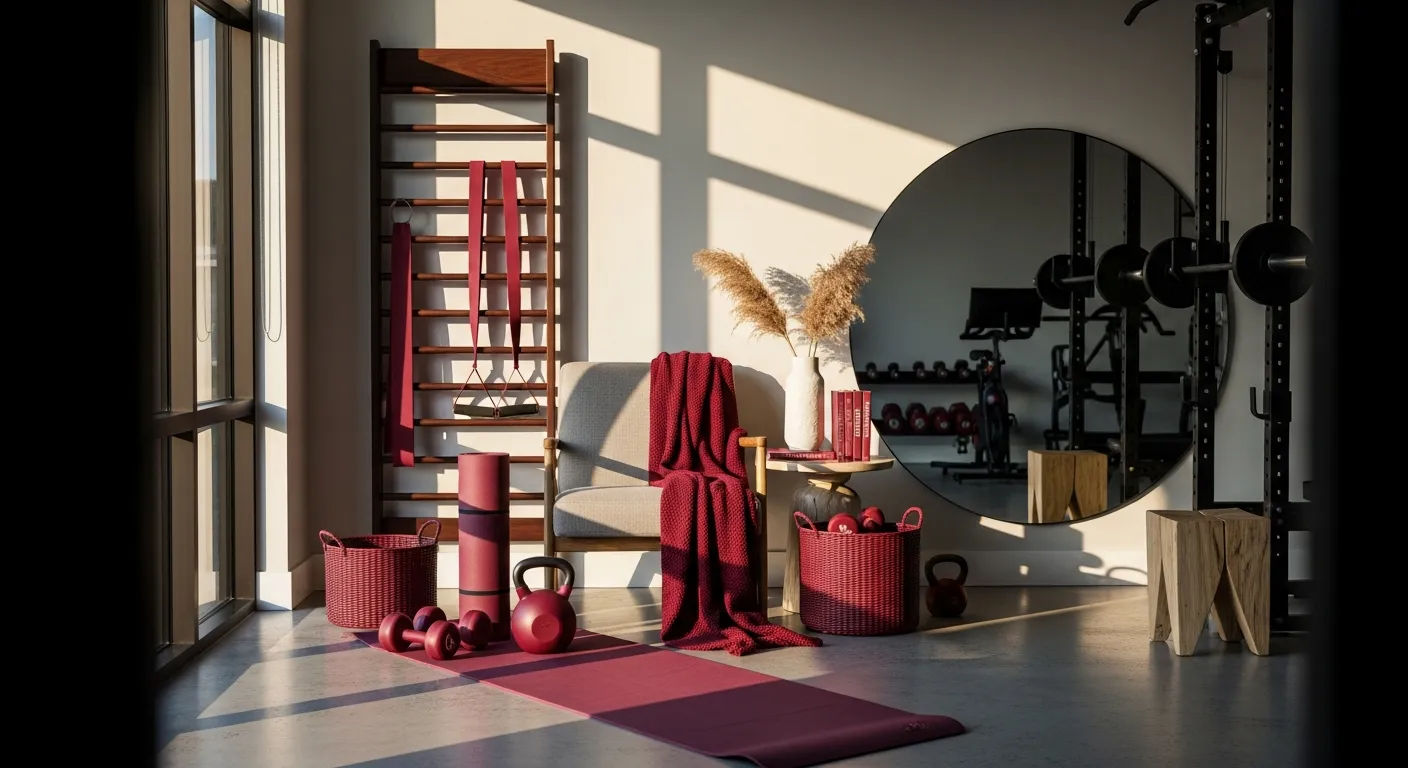 Modern home gym color combinations featuring rich burgundy walls paired with neutral tones and bright lighting