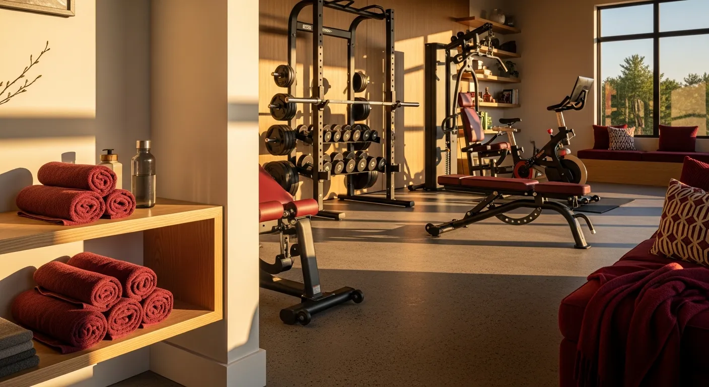 Recreating a modern home gym with dark flooring, sleek equipment, and motivating burgundy accents