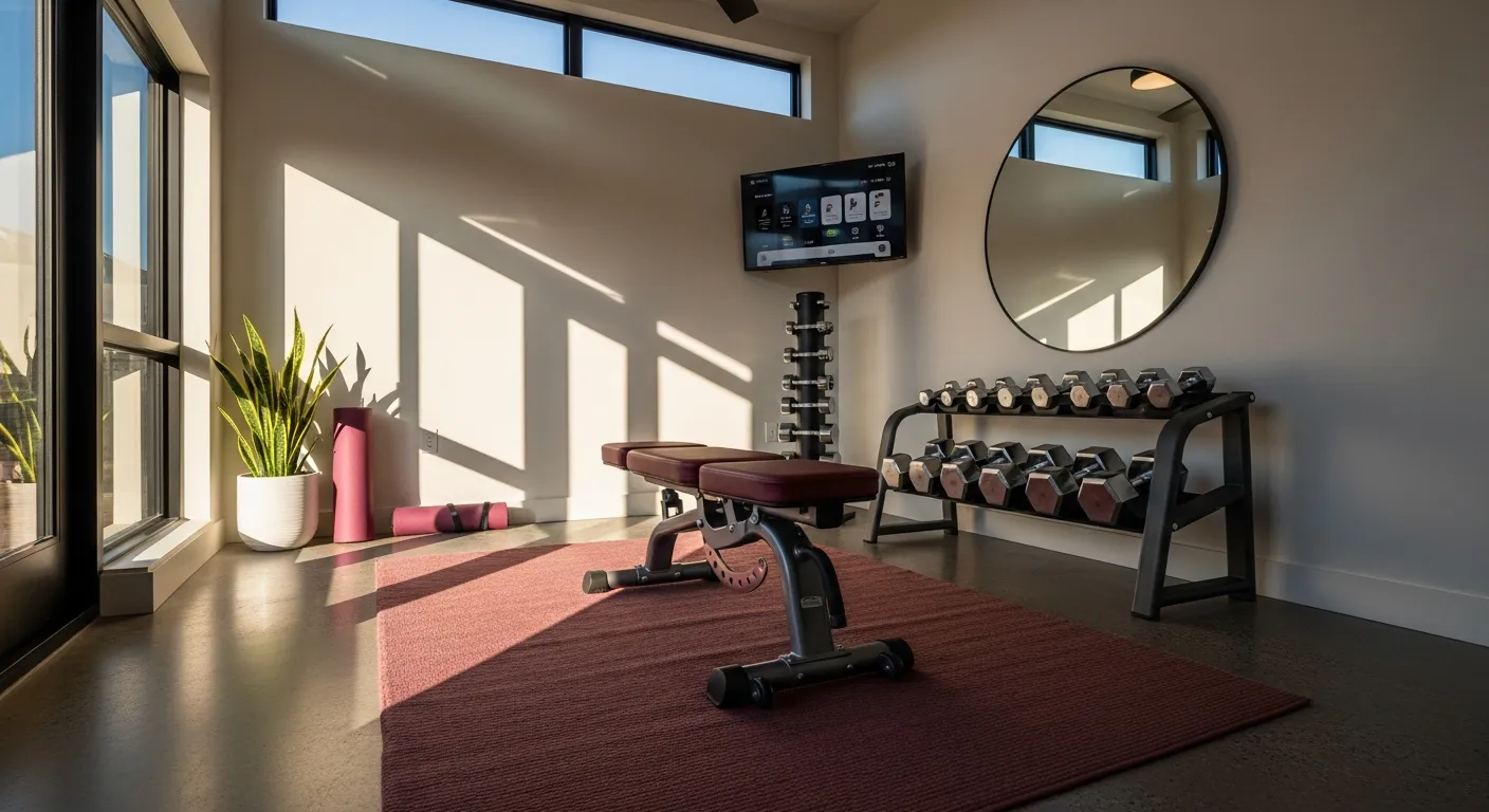 Step by step guide to creating a modern home gym with deep burgundy painted walls and sleek gear