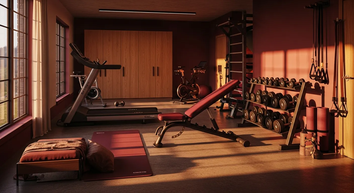 Psychology behind an energizing modern home gym setup with a sleek burgundy accent wall