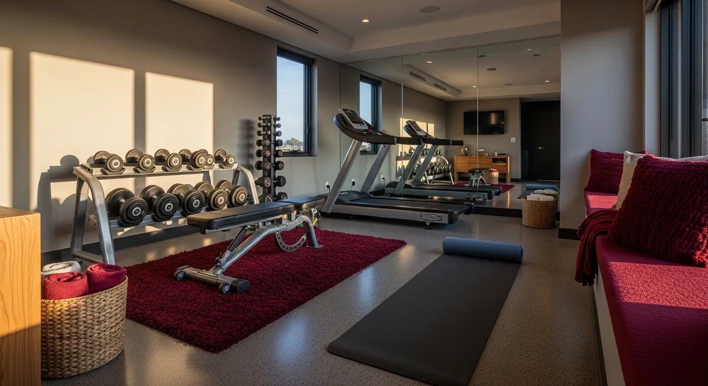 Budget-friendly modern home gym ideas highlighting sleek workout equipment and deep burgundy tones