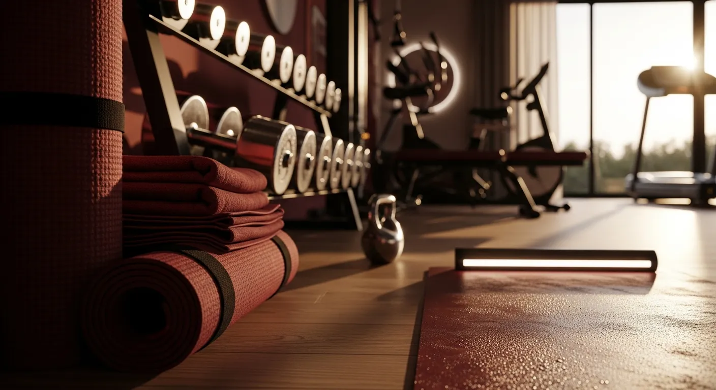 Luxurious modern home gym setup showcasing a deep burgundy accent wall and high-end sleek equipment