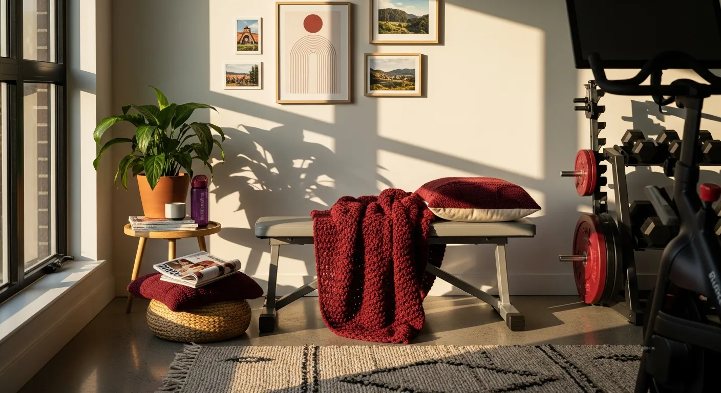 Chic styling tips for a modern home gym showcasing a burgundy accent wall and minimalist layout