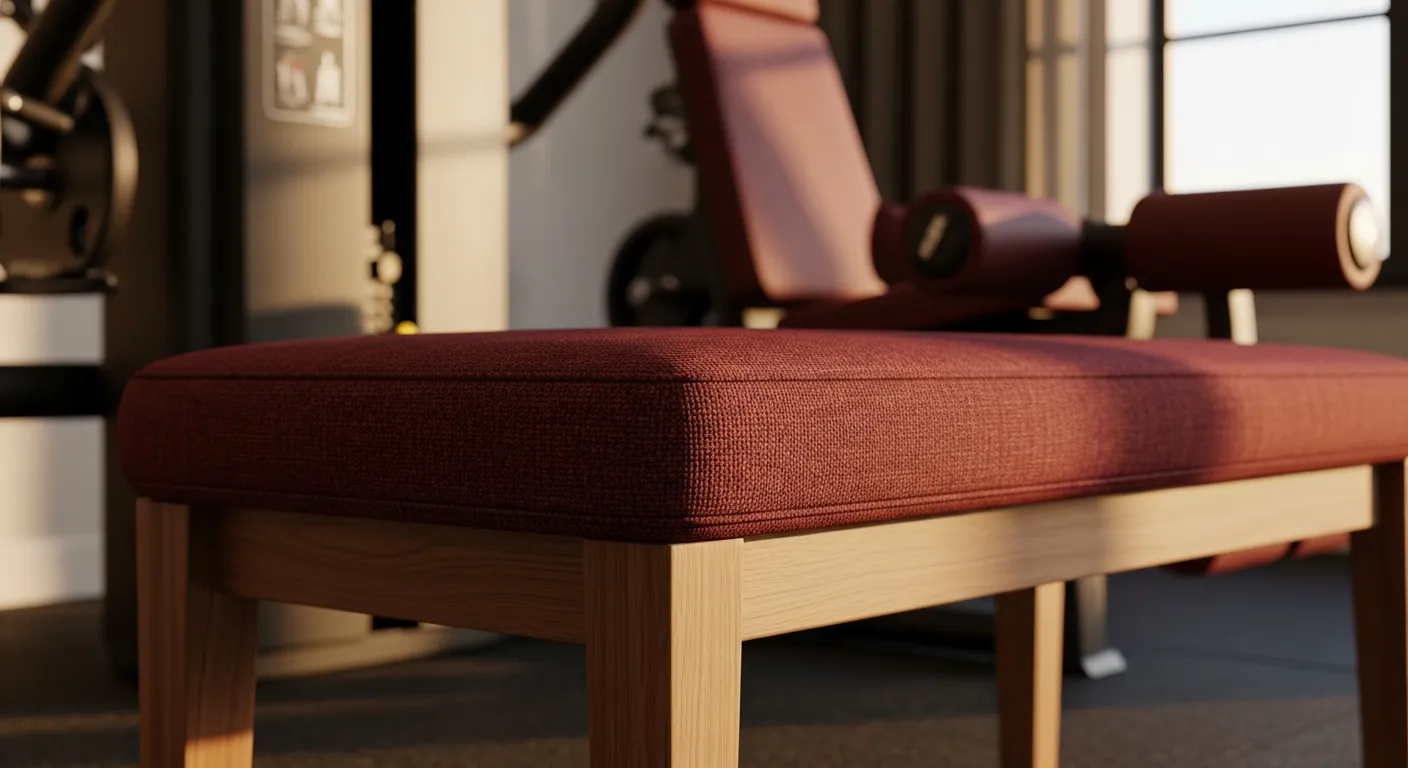Essential sleek workout equipment complementing a modern home gym setup with bold burgundy walls
