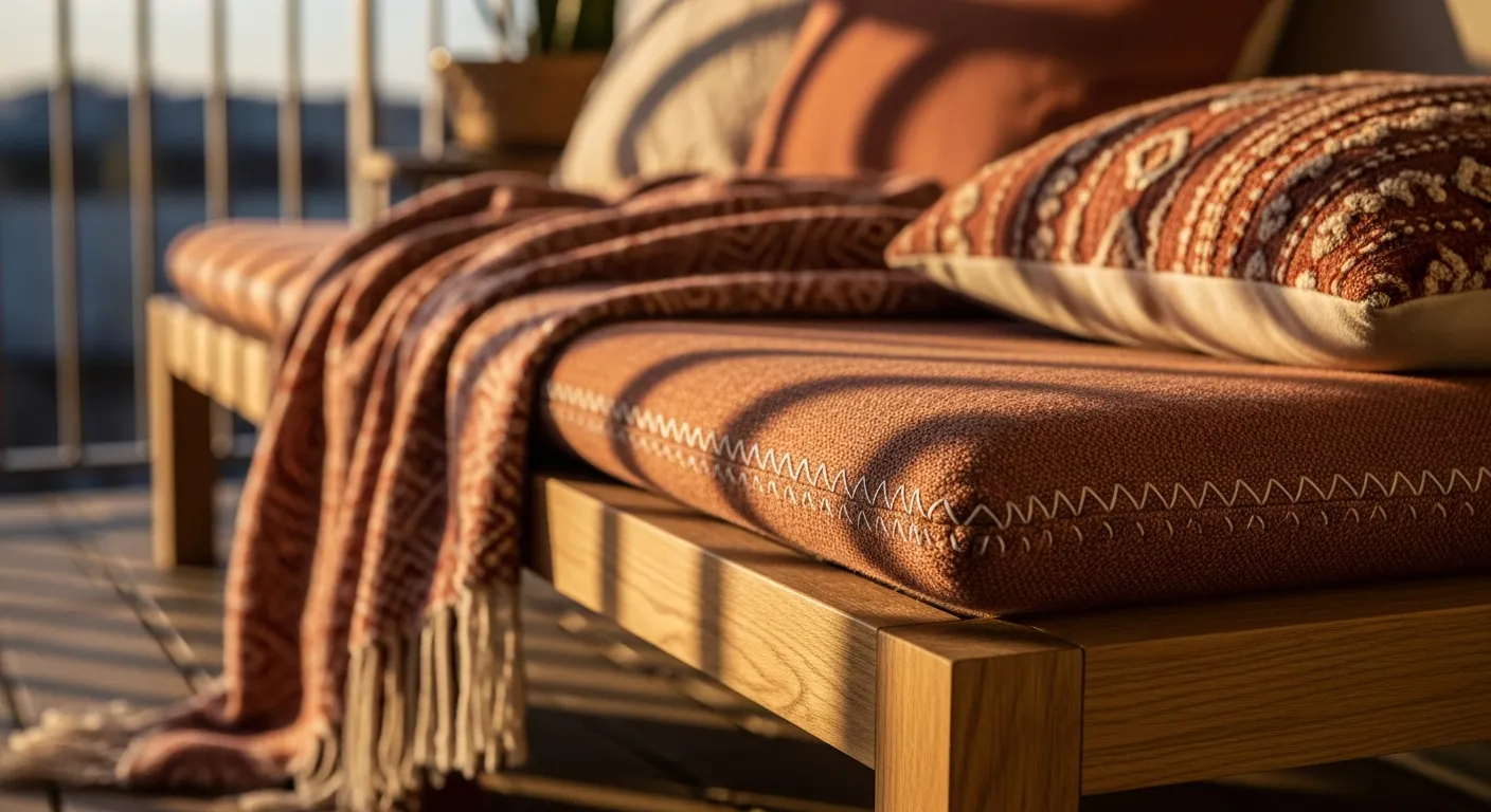 Rattan chairs and layered textured rugs essential for bohemian outdoor balcony ideas
