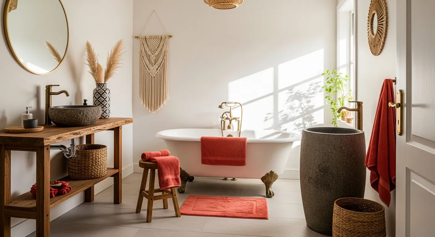 Step-by-step guide to establishing a foundation in a coral boho bathroom design