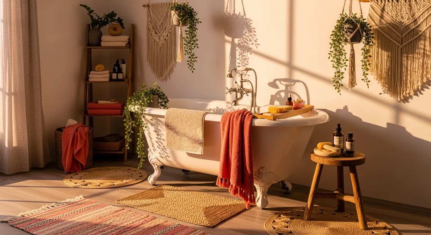 Bohemian bathroom lighting ideas featuring rattan pendants and warm ambient light